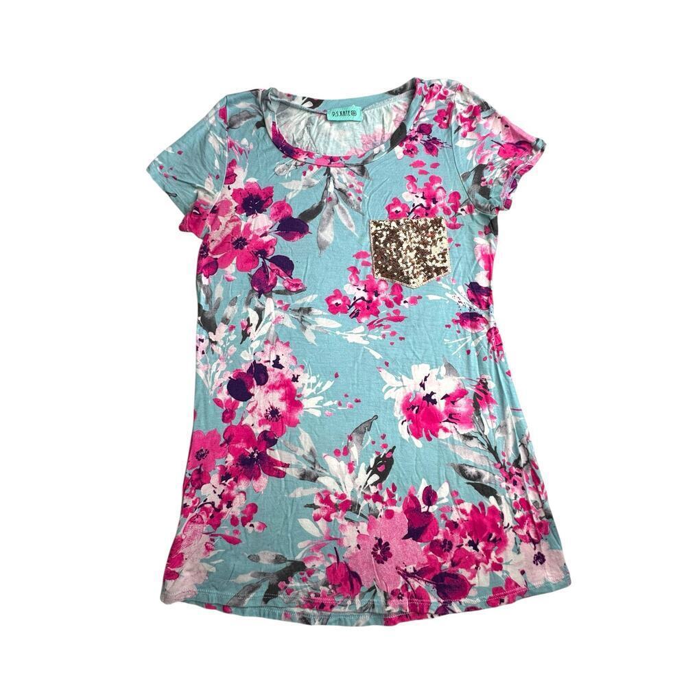 P.S. Kate Floral Tee Shirt Women’s Small | Sequin Pocket | Aqua‎ Pink Flowers